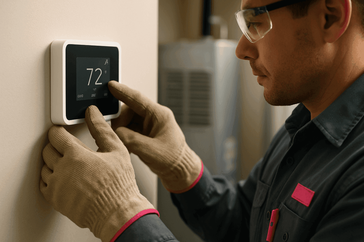 Hands of HVAC technician adjusting indoor thermostat wearing gloves and safety goggles