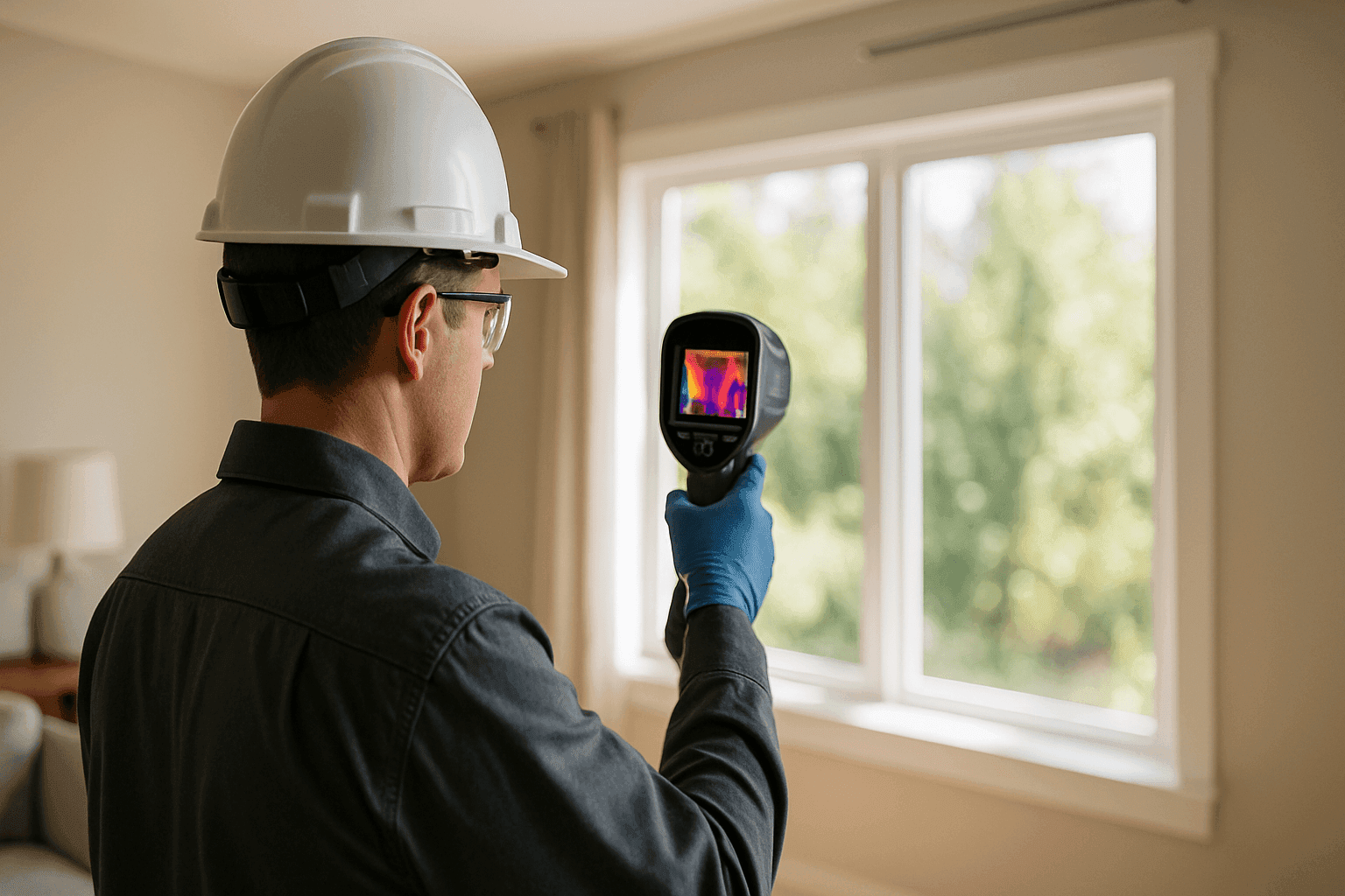 Technician conducting home energy audit with infrared camera