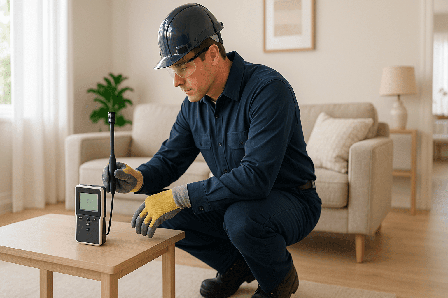 Technician testing indoor air quality in modern family living room