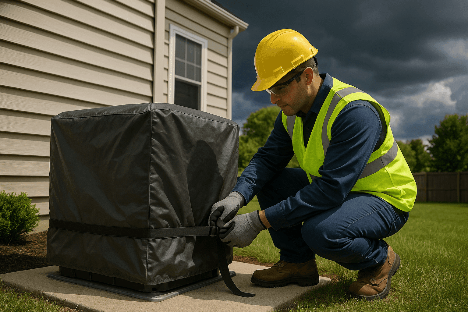 Técnico asegurando unidad exterior de aire acondicionado antes de una tormenta de verano